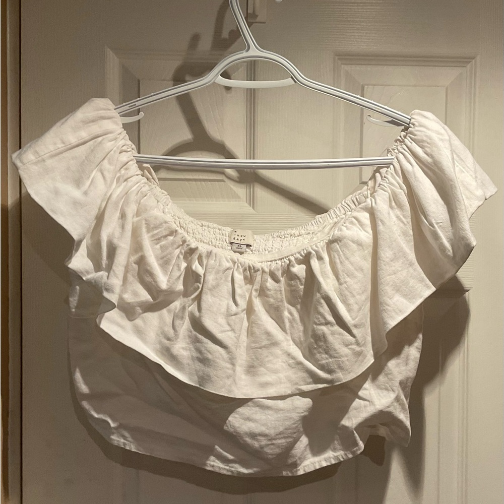 a new day White Ruffled Off-Shoulder cropped top